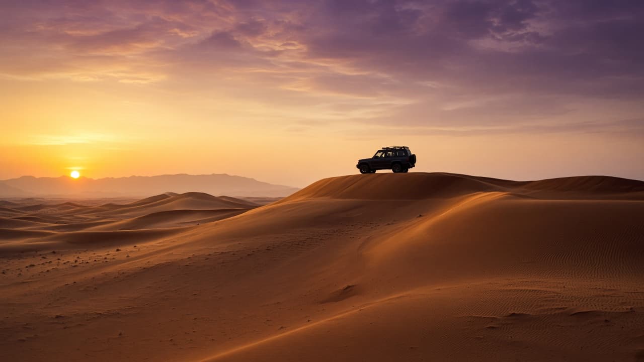 Evening desert safari Dubai sunset over golden dunes with a 4x4 on the ridge
